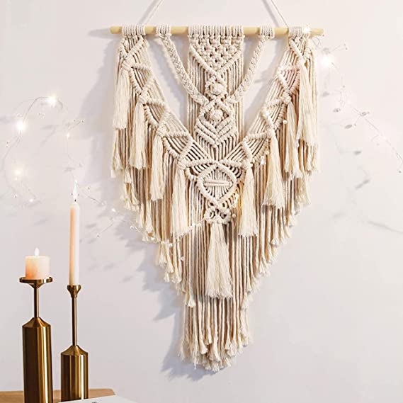 Photo 1 of ANROYE Macrame Boho Wall Hanging Decor, Geometric Woven Tapestry Chic Cotton Handmade Bohemian Art with Long Tassel, Large Craft Ornament for Dorm Home Bedroom Apartment Room Decoration
