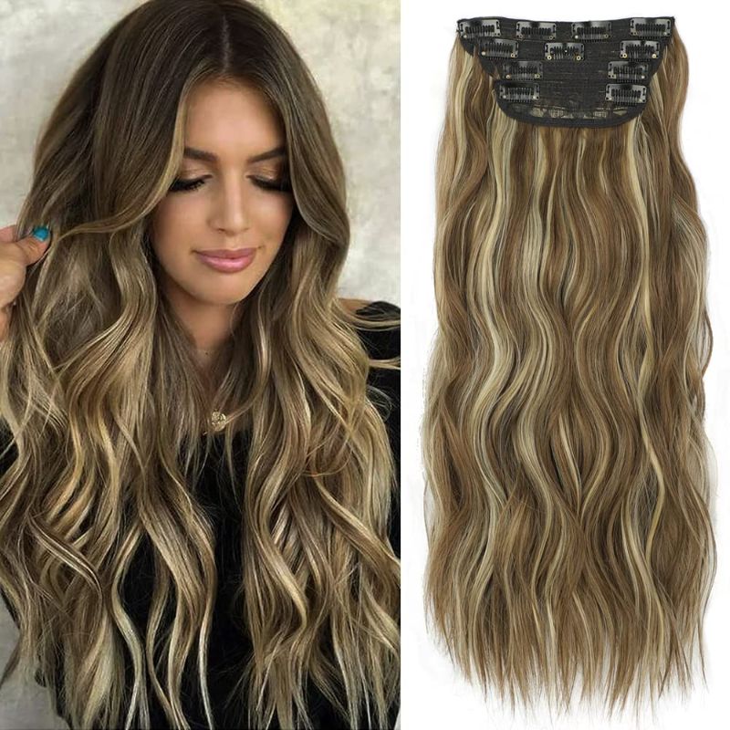 Photo 1 of Cisyia Hair Extension for Women Clips in 4PCS Long Brown Highlight Blonde Wavy Synthetic Hair 20 Inches Thick Hairpiece for Women Girls

