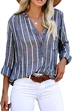 Photo 1 of Astylish Womens V Neck Striped Roll up Sleeve Button Down Blouses Top
