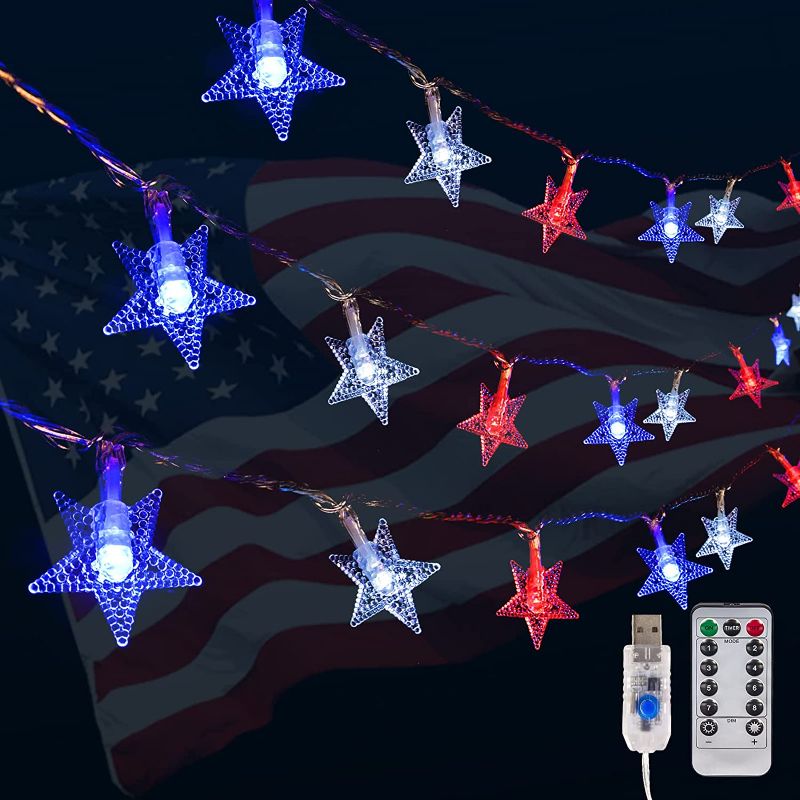 Photo 1 of 4th of July Decorations 65.6 FT Red White and Blue String Lights with 133LED Stars, 8 Modes Remote Control USB Power Independence Day Fairy Lights for Indoor Outdoor Home Patriotic Theme Decorations
