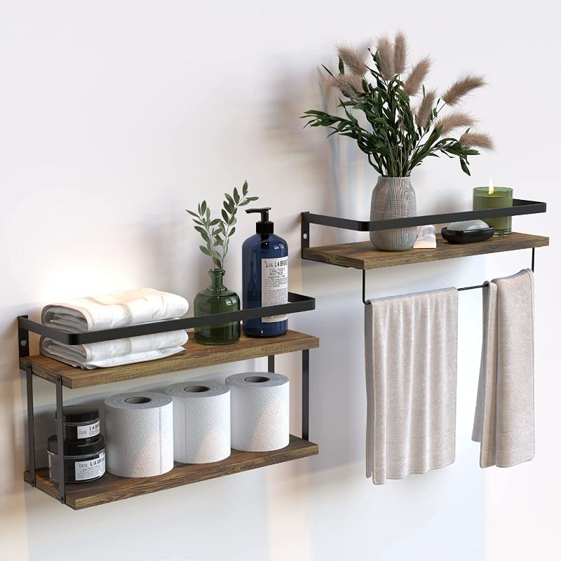 Photo 1 of 2+1 Tier Wall Mounted Floating Shelves Set of 2, Rustic Wood Wall Shelf with Metal Frame, Extra Storage Rack for Bathroom, Kitchen, Bedroom with Tissue Rack & Towel Bar - Rustic Brown
