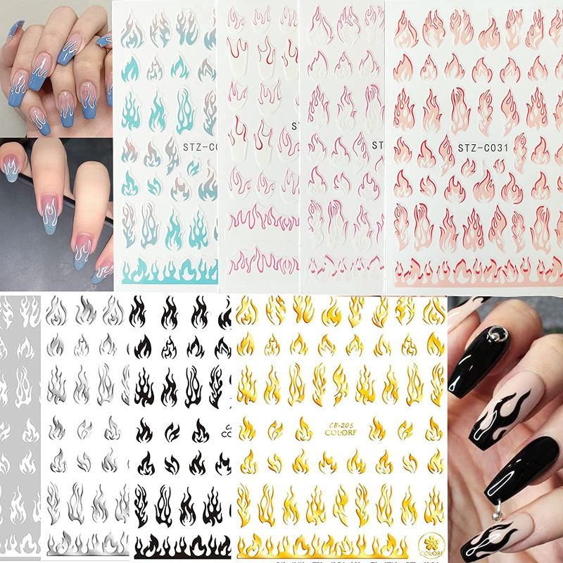 Photo 1 of 8 Sheets Flame Nail Stickers,Flame Nail Decals Holographic Fire Nail Art Stickers White Black Silver Gold Multicolor Flame Reflections Nail Stickers for Nail Art
