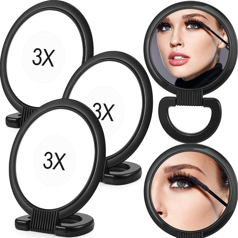 Photo 1 of 3 Pieces Double Sided Round Pedestal Mirror Portable Standing Mirror with Magnification Folding Magnifying Cosmetic Mirrors Adjustable Handle Makeup Mirror for Home Table Travel (1x, 3 x)
