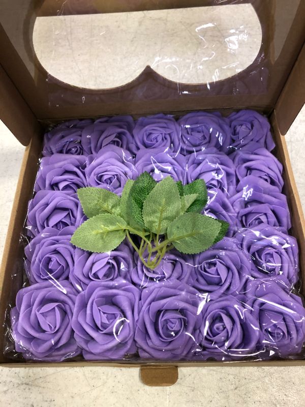 Photo 2 of Artificial Foam Rose Flowers Vintage Fake Roses DIY Bouquets Boutonnieres with Leaves and Stems for Wedding Bridal Shower Banquet Party Centerpieces Decor (Light Purple)