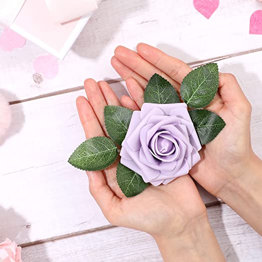 Photo 1 of Artificial Foam Rose Flowers Vintage Fake Roses DIY Bouquets Boutonnieres with Leaves and Stems for Wedding Bridal Shower Banquet Party Centerpieces Decor (Light Purple)