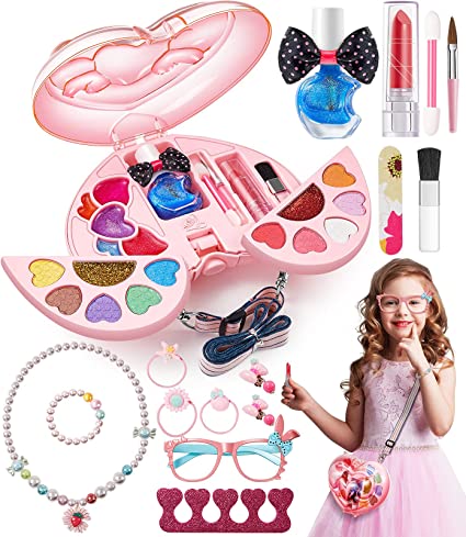 Photo 1 of Geyiie Kid Washable Makeup, Girls Cosmetic Beauty Kits Toy Princess Gift Set 3-8 Years Toddler with Eye Shadow,Lip Stick,Gross,Necklace,Bracelet Accessories (Pink)
