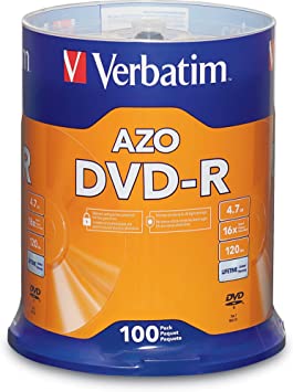 Photo 1 of Verbatim DVD-R Blank Discs AZO Dye 4.7GB 16X Recordable Disc - 100 Pcs Spindle
