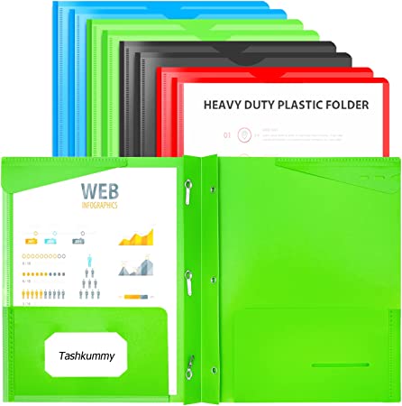 Photo 1 of Tashkummy 8 Packs Plastic Folders with Prongs and Clear Front Pocket,Heavy-Duty Pocket Folders with Brads for Letter Size Paper ,2 Card Slot and 2 Stay-Put Tabs with Pen Slot, 4 Assorted Colors
