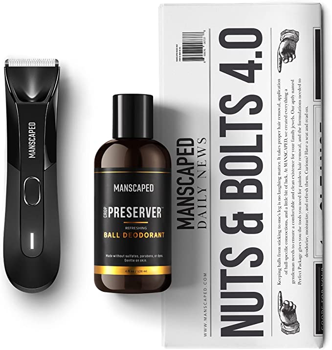 Photo 1 of MANSCAPED™ Nuts and Bolts 4.0, Men's Grooming Kit, Includes The Lawn Mower™ 4.0 Ergonomically Designed Powerful Waterproof Trimmer, The Crop Preserver™ Ball Deodorant and Disposable Shaving Mats
