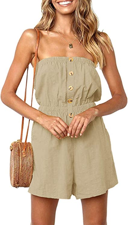 Photo 1 of Celmia Women's Sexy Off Shoulder Romper Strapless Jumpsuit Button Down Elastic Waist Shorts (XXL)