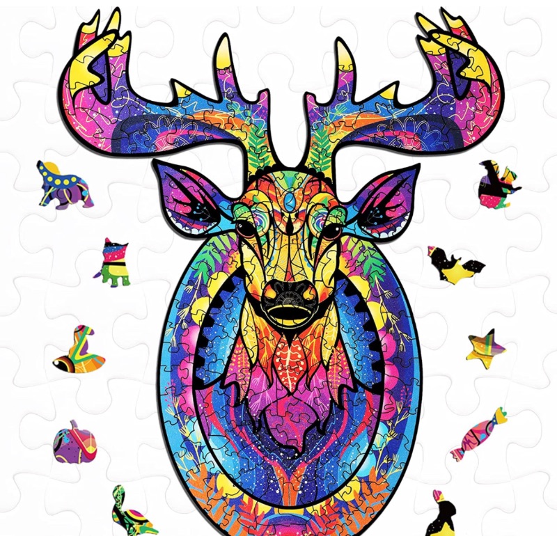 Photo 1 of 200 Pieces Large Size Jigsaw Wooden Puzzles for Kids 12+ Years Colorful Animal Shaped Christmas Birthday Holiday Games (Deer Head Style)