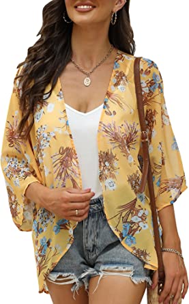 Photo 1 of Chunoy Women Floral Print Lightweight Chiffon Kimono Cardigan Short Sleeve Loose Beach Wear Cover Up Blouse Top, Size Large 
