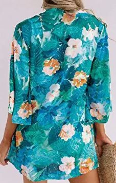 Photo 1 of Chunoy Women Casual Short Sleeve Palm Leaf Floral Print Chiffon Kimono Cardigan Beach Wear Cover Up Green Medium
