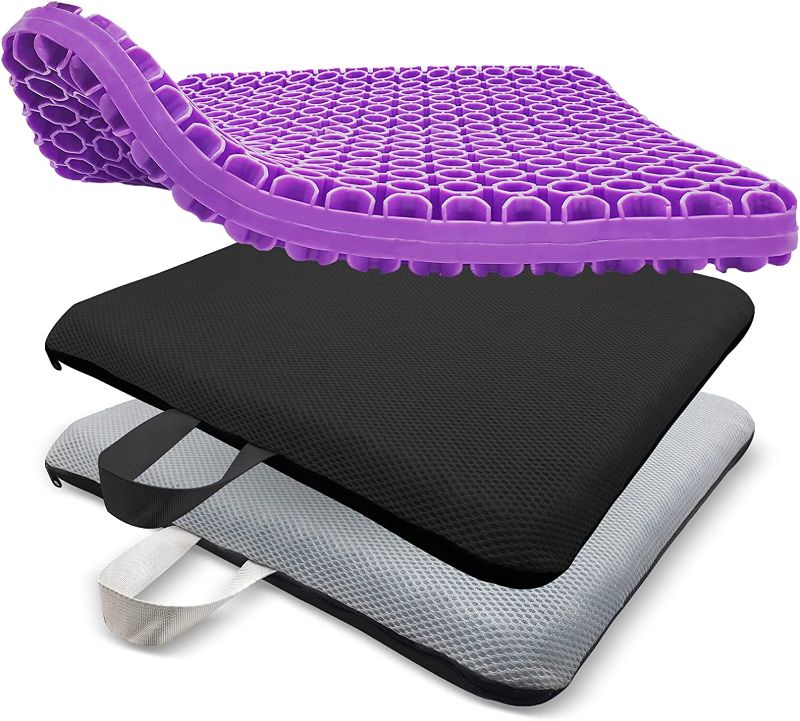 Photo 1 of Extra-Large Gel Seat Cushion Chair Cushions for Office Chair, Egg Chair Pillow for Tailbone, Back, Sciatica Pain Relief, Breathable Chair Pad for Car Wheelchair Kitchen (Purple, 18.5x16.5x1.6 inch)
