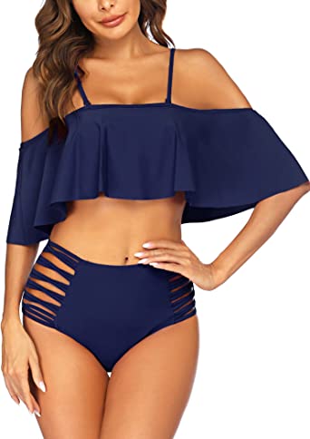 Photo 1 of ADOME Women Two Piece Swimsuit Tummy Control High Waisted Bikini Off Shoulder Ruffle Bathing Suits, X-Large 

