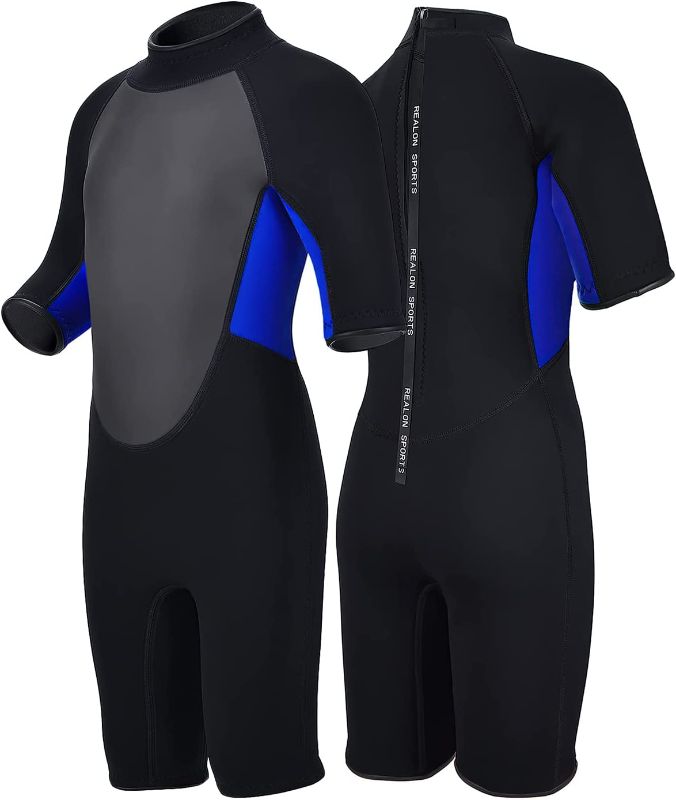 Photo 1 of REALON Kids Wetsuit for Boys Girls Children, Neoprene Full Wet Suits 3mm Long Sleeve Back Zip 2mm Shorty Toddlers/Youth Thermal Swimsuits for Swimming Diving Surf, Size XL
