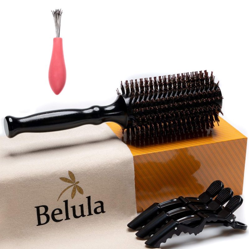 Photo 1 of Belula Boar Bristle Round Brush for Blow Drying Set. Round Hair Brush With Large 2.7” Wooden Barrel. Hairbrush Ideal to Add Volume and Body. Free 3 x Hair Clips & Travel Bag.
