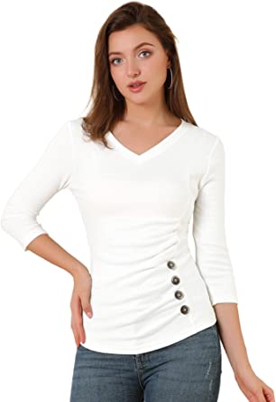 Photo 1 of Allegra K Women's V Neck 3/4 Sleeves Solid Knitted Buttons Decor Ruched Top, Size3X
