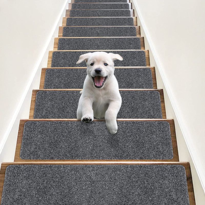 Photo 1 of RIOLAND Non-Slip Stair Treads Carpet Indoor 14 Pack Stair Rugs for Wooden Steps Anti Moving Stair Runners Safety for Dogs Elders and Kids, 8” x 30”, Grey White

