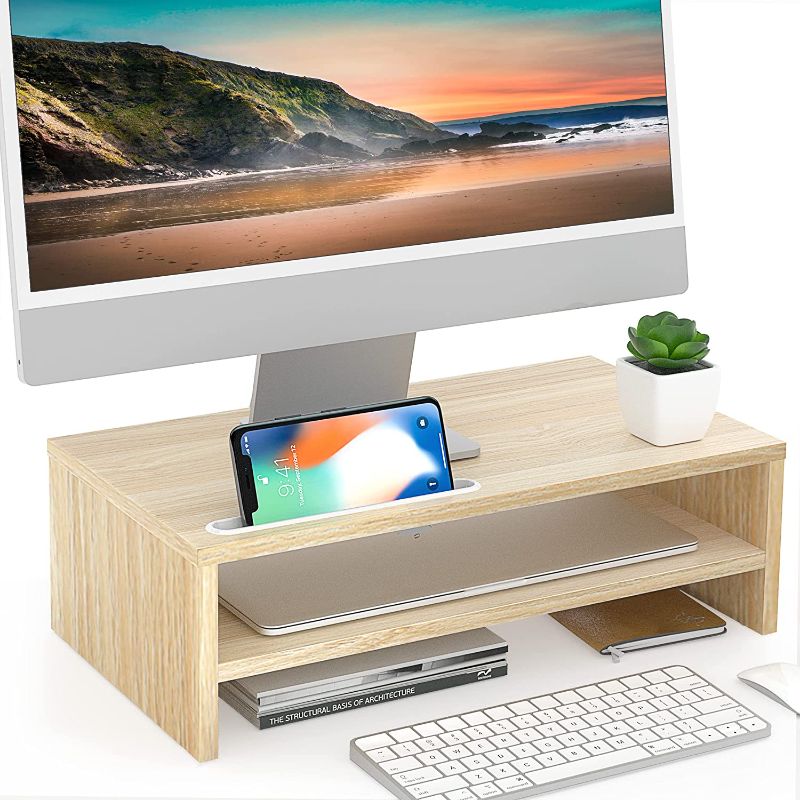 Photo 1 of FITUEYES Monitor Stand - 2 Tier Computer Monitor Riser with 16.7 Inch Shelf, Wood Desktop Stand for Laptop Computer Screen, Desk Organization, Office Supplies with Mobile Phone Insert
