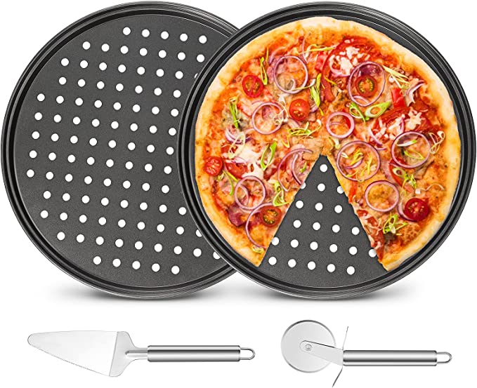 Photo 1 of 2 pcs pizza Pan Round Pizza board + Pizza Cutter + Pizza Slicer 12.5" Carbon Steel Pizza Baking Pan Non-Stick Cake Pizza Crisper Server Tray Stand for Home Kitchen Oven Restaurant Pizza Bakeware
