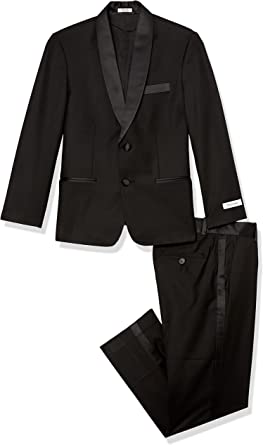Photo 1 of Calvin Klein Boys' 2-Piece Formal Tuxedo Suit Set, Includes Jacket & Dress Pants, Satin Trim Detailing & Functional Pockets
size 12