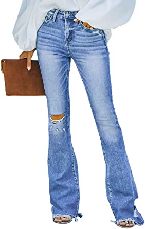 Photo 1 of Astylish Women's Ripped Destroyed Flare Mid Rise Button Bell Bottom Jeans Denim Pants
(m)