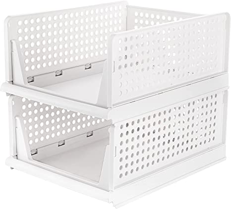 Photo 1 of Okllen 2 pcs Stackable Storage Bins, Plastic Clothes Drawer Organizer Wardrobe Storage Box Shelf Basket, Foldable Sliding Bins for Cabinet, Laundry, Bedroom Closet, Office, White
