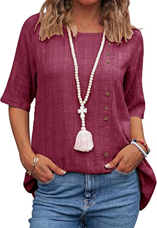 Photo 1 of Ebifin Women's Short Sleeve Linen Shirt Tunic Blouse Casaul Crewneck Loose T Shirts Tops, Size Medium 
