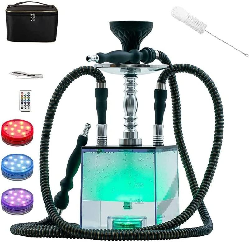 Photo 1 of 2 Hose Hookah Set with Travel Case Cleaning Brush, Micro Cube Acrylic Hookah with Silicone Hookah Bowl 2 Hose Coal Tongs Magical Remote LED Light for Better Shisha Hookah Narguile Smoking
