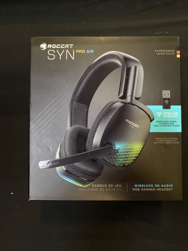Photo 2 of ROCCAT Syn Pro Air Wireless PC Gaming Headset, Lightweight, 3D Audio Surround Sound, Noise Cancelling Microphone, RGB AIMO Lighting, All-Day Battery Life, Computer Gamer Headphones, Black

