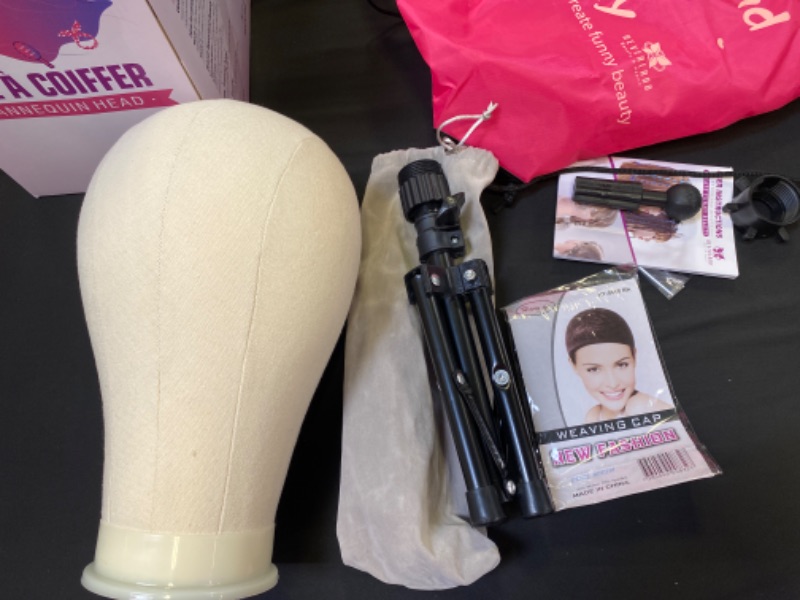 Photo 1 of 23 Inch Wig Head,Wig Stand Tripod with Head,Canvas Wig Head,Mannequin Head for Wigs,Manikin Canvas Head Block Set for Wigs Making Display with Wig caps,T Pins Set Bristle Brush
