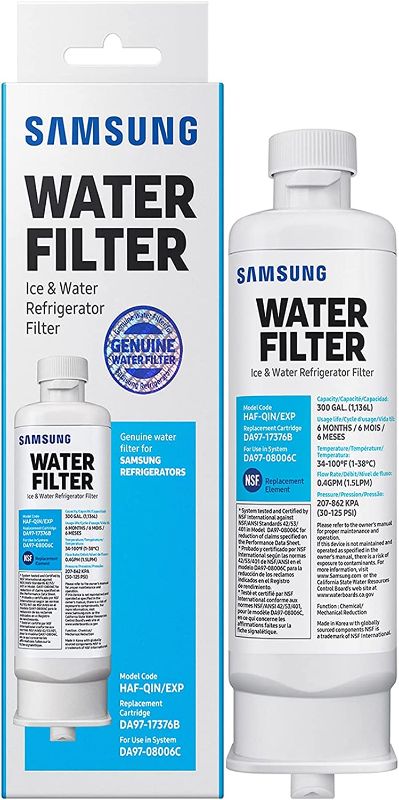 Photo 1 of SAMSUNG Genuine Filter for Refrigerator Water and Ice, Carbon Block Filtration, Removes 99% of Harmful Contaminants for Clean, Clear Drinking Water, 6-Month Life, HAF-QIN/EXP, 1 Pack
