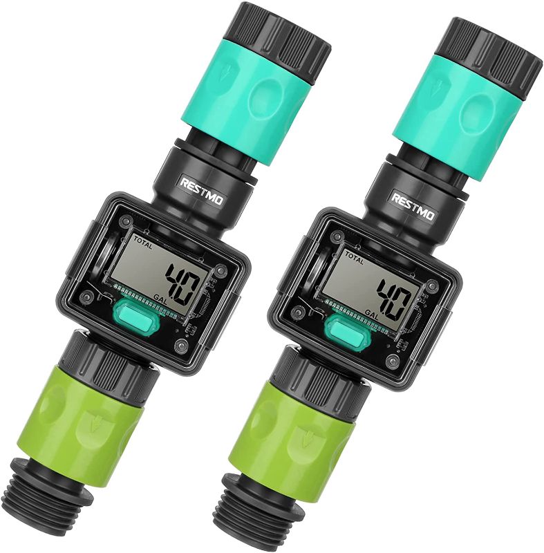 Photo 1 of [2 Pack] RESTMO Digital Water Flow Meter, Measure Gallon/Liter Consumption and Flow Rate for Outdoor Garden Hose, Ideal for RV Hose, Lawn Sprinkler and Hose Nozzle Sprayer, Quick Connectors Included
