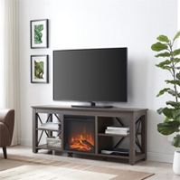 Photo 1 of 58 in. Alder Brown TV Stand with Log Fireplace Insert - Henn&Hart

