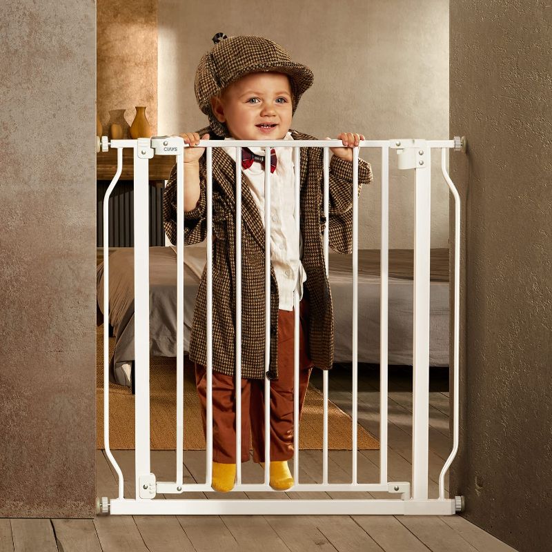 Photo 1 of Ciays Baby Gate 29.5” to 33.5”, 30-in Height Extra Wide Dog Gate for Stairs, Doorways and House, Auto-Close Safety Metal Pet Child Gate for Dogs, Wall Pressure Mounted, White