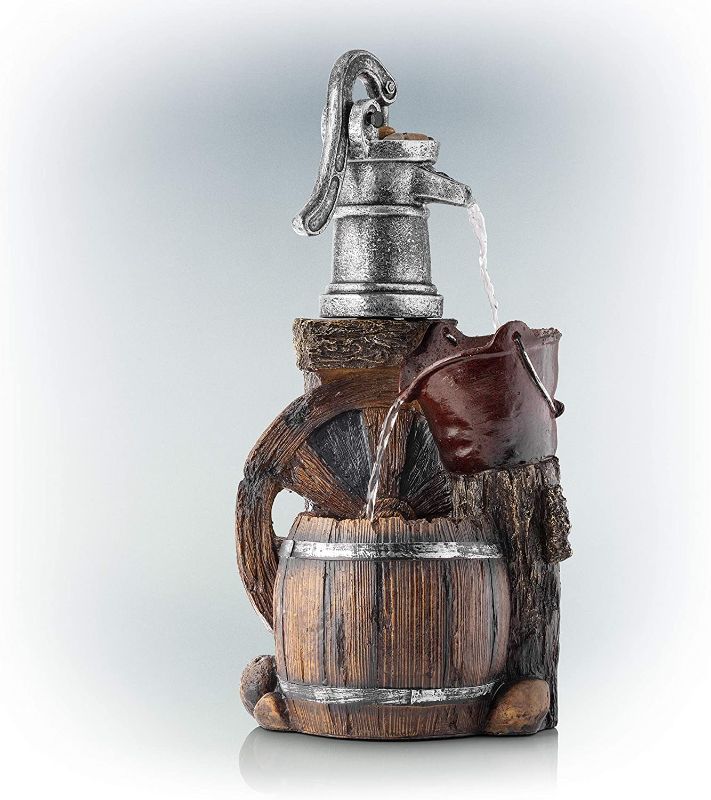 Photo 1 of Alpine WCT688 Old Fashion Pump Barrel Rustic Fountain, 12"L x 9"W x 24"H, Brown and Grey--------missing hardware 