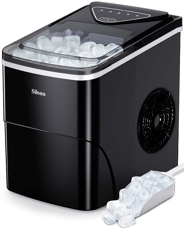 Photo 1 of Silonn Ice Makers Countertop, 9 Cubes Ready in 6 Mins, 26lbs in 24Hrs, Self-Cleaning Ice Machine with Ice Scoop and Basket, 2 Sizes of Bullet Ice for Home Kitchen Office Bar Party----inside of the ice maker needs to cleaned due to usage