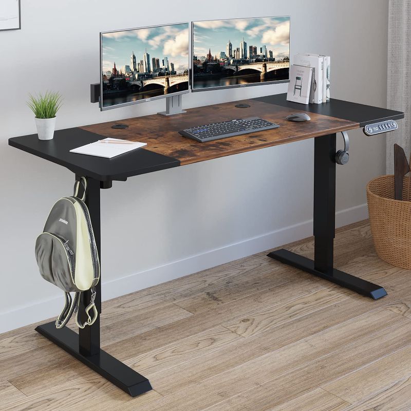 Photo 1 of Electric Height Adjustable Standing Desk, Radlove 55'' x 24'' Stand Up Desk Workstation, Splice Board Home Office Computer Standing Table Height Adjustable Ergonomic Desk (Black Frame + 55" Brown Top)
