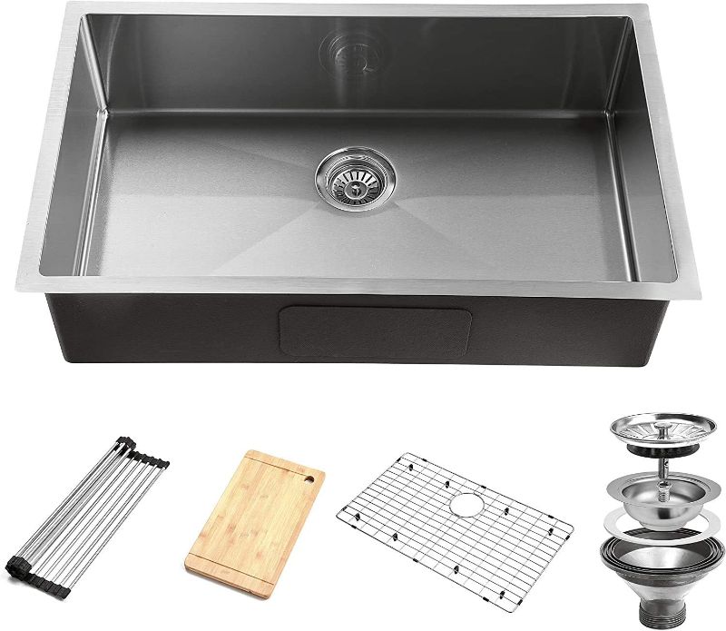 Photo 1 of 32-Inch Undermount Workstation Kitchen Sink, 16 Gauge Single Bowl Stainless Steel with Accessories (Pack of 5 Built-in Components), Silver
OUT OF BOX ITEM 