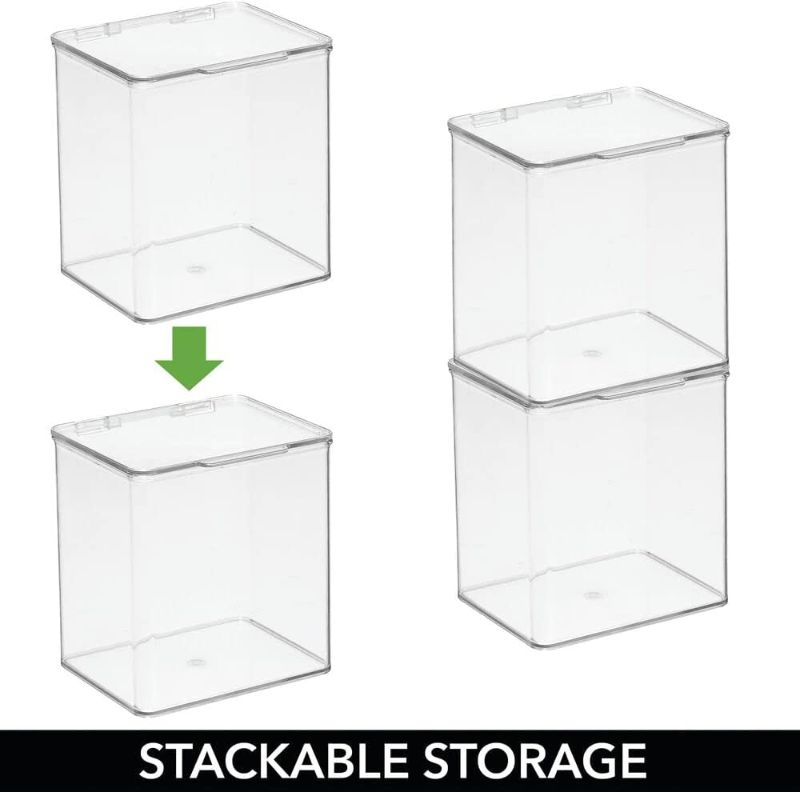 Photo 1 of mDesign Stackable Plastic Storage Box with Hinged Lid - Organizer for Kids Supplies in Kitchen, Pantry, Nursery, Bedroom, Playroom, Bathroom, Closet - Pack of 4, Includes 32 Labels - Clear
5.5 x 6.6 x 7 INCHES 