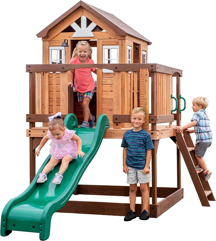 Photo 1 of Backyard Discovery Echo *** BOX 3 OF 3 ***, Heights Elevated Cedar Playhouse, Play Kitchen, Powered Blender, Working Bell, 6 ft Wave Slide, Wrap-Around Deck, Flat Step Ladder, Growth Chart
