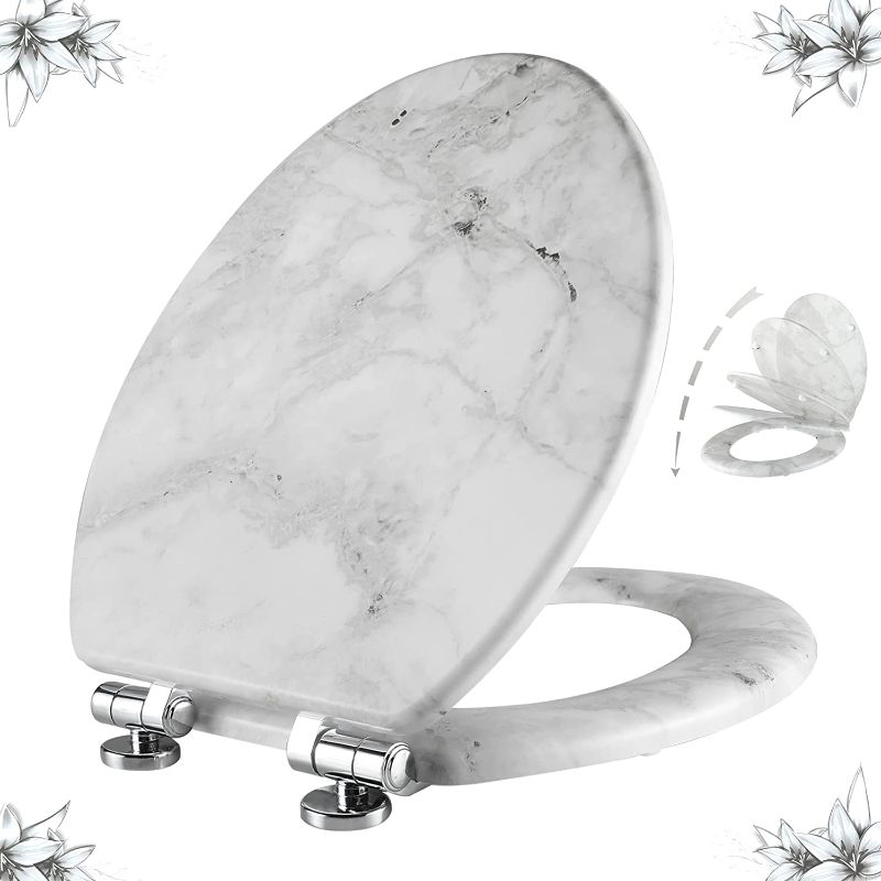 Photo 1 of Angel Shield Marble Toilet Seat Durable Molded Wood with Quiet Close,Easy Clean Quick-Release Hinges (Elongated,Gray Marble)
