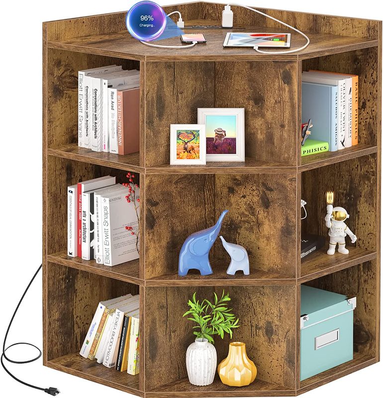 Photo 1 of Aheaplus Corner Cabinet, Corner Storage with USB Ports and Outlets, Corner Cube Toy Storage for Small Space, Wooden Cubby Corner Bookshelf with 9 Cubes for Playroom, Bedroom, Living Room, Rustic Brown
