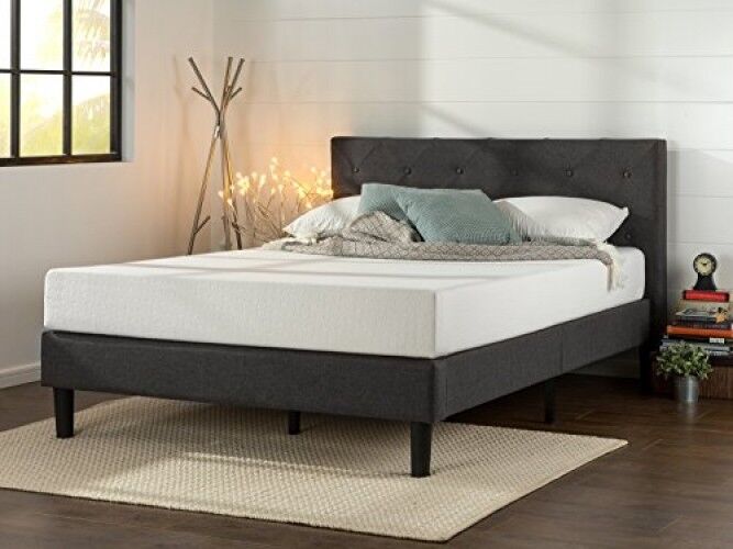 Photo 1 of Zinus Upholstered Diamond Stitched Platform Bed With Wooden Slat Support, Queen, MISSING FABRIC  BUTTON ON HEADBOARD 
