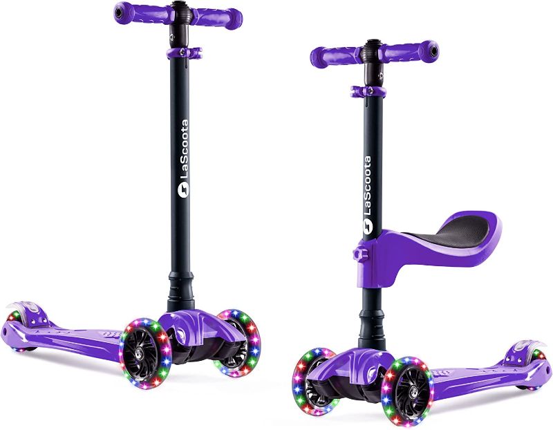 Photo 1 of LaScoota 2-in-1 Kids Kick Scooter, Adjustable Height Handlebars and Removable Seat, 3 LED Lighted Wheels and Anti-Slip Deck, for Boys & Girls Aged 3-12 and up to 100 Lbs.
