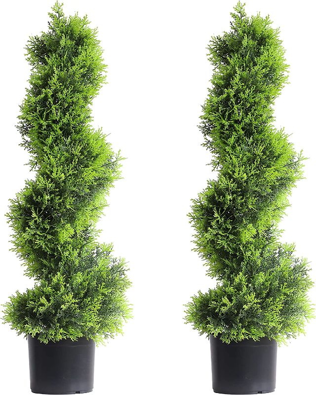 Photo 1 of 3Ft/35inch Spiral Topiary Artificial Cypress Tree,2 Packs Topiary Trees Artificial Outdoor and Indoor,Front Door Plants,Topiary Trees Artificial Outdoor,Topiaries for Front Porch Set of Two, PACKAGE DMG 
