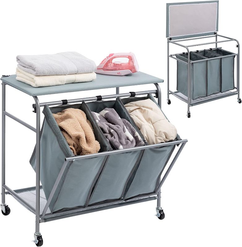 Photo 1 of ALIMORDEN Laundry Sorter Cart Heavy Duty 3 Bags Classic Rolling Side pull Laundry Hamper Sorter with Ironing Board and 4 Wheels Blue Grey