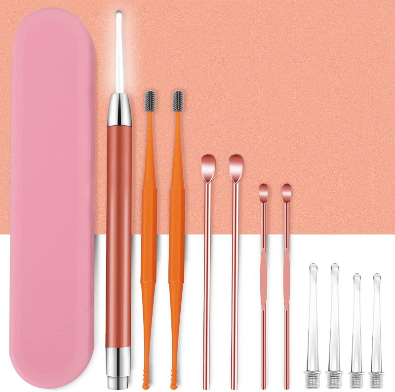 Photo 1 of 3 pack Ear Wax Removal Kit, Led Ear Cleaner, Three Kinds of Ear Cleaning Kit, Silicone Spiral Ear Wax Remover, One Set to Solve Earwax Problems (Use 2*AAA, No Include) Pink
