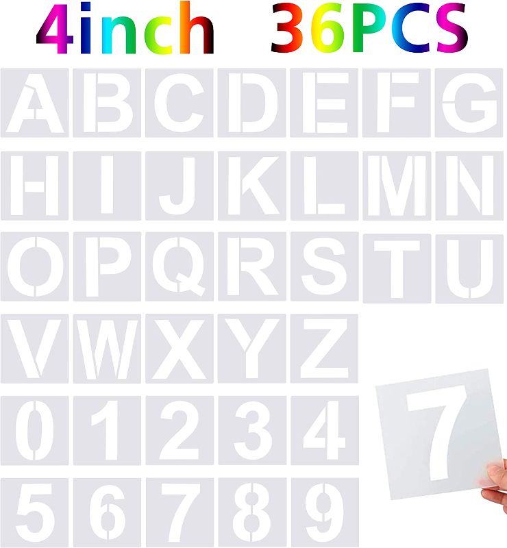 Photo 1 of 36 Pcs Large Alphabet Letter Stencils and Number Stencils,Reusable Letter Stencils for Painting on Wood Wall Fabric Rock Chalkboard Glass (4 Inches)
